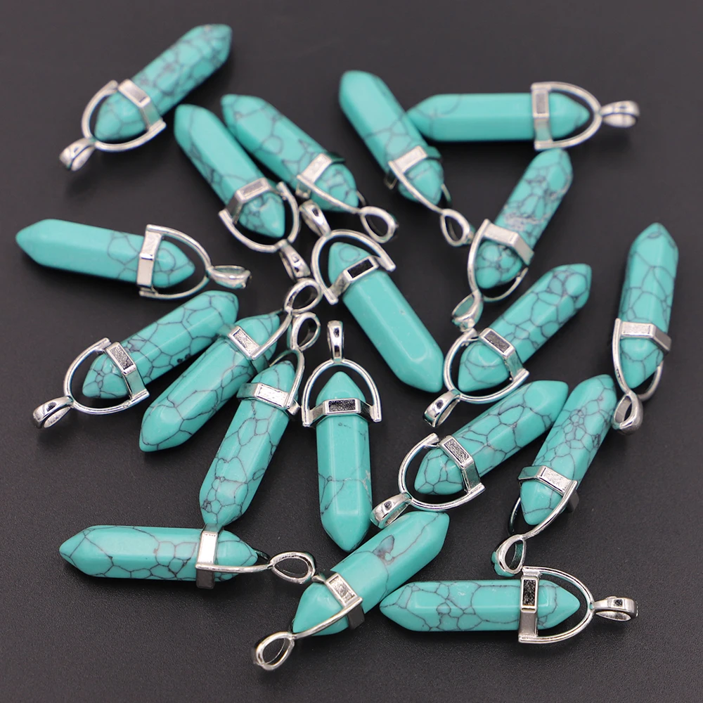 

Natural Exquisite Turquoise Stone Pillar Point Pendant Hexagonal Column Shape Necklace Jewelry Accessories Making Wholesale 24PC