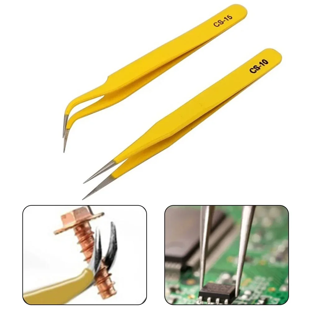 Precision Tweezers Set 2pcs Anti-Static Stainless Steel Tweezers Repair Tools For Electronics Repair Soldering Craft CS-10 CS-15