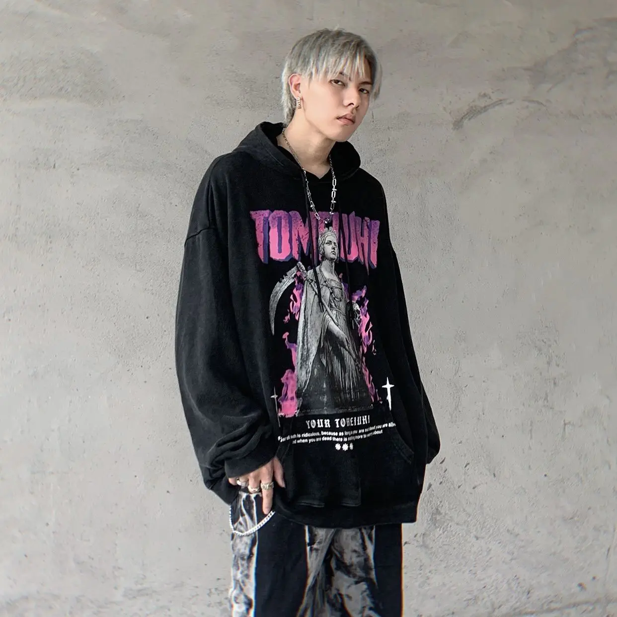 

Sweatshirt for Men Loose Punk Black Hoodies Male Clothes Hooded 90s Vintage Novelty and Designer Streetwear S Korean Style Warm