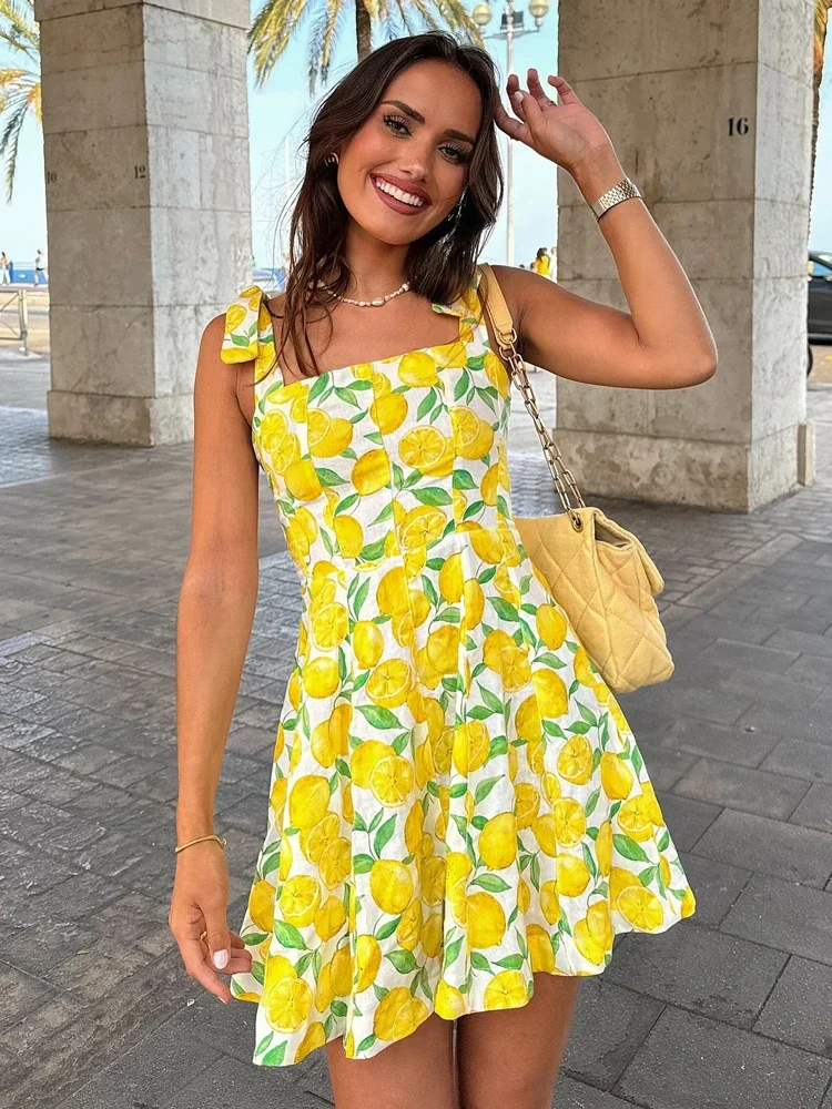 Summer Lemon Print Mini Slip Dress For Women Sweet Square Neck Sleeveless  Short Beach Dress Lady Street Holiday Party Vestidos - AliExpress