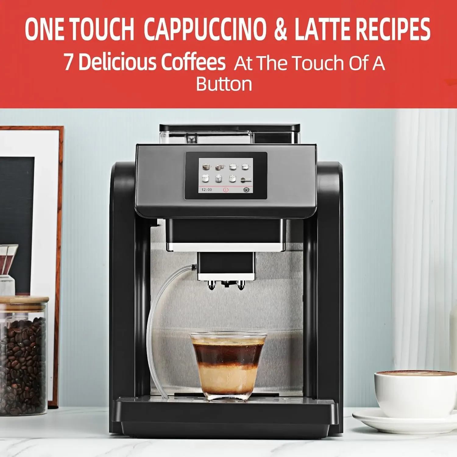 ES317 Fully Automatic Espresso Machine，Milk Frother,Built-in Grinder  Intuitive Touch Display 7 Coffee Varieties for Ho 2