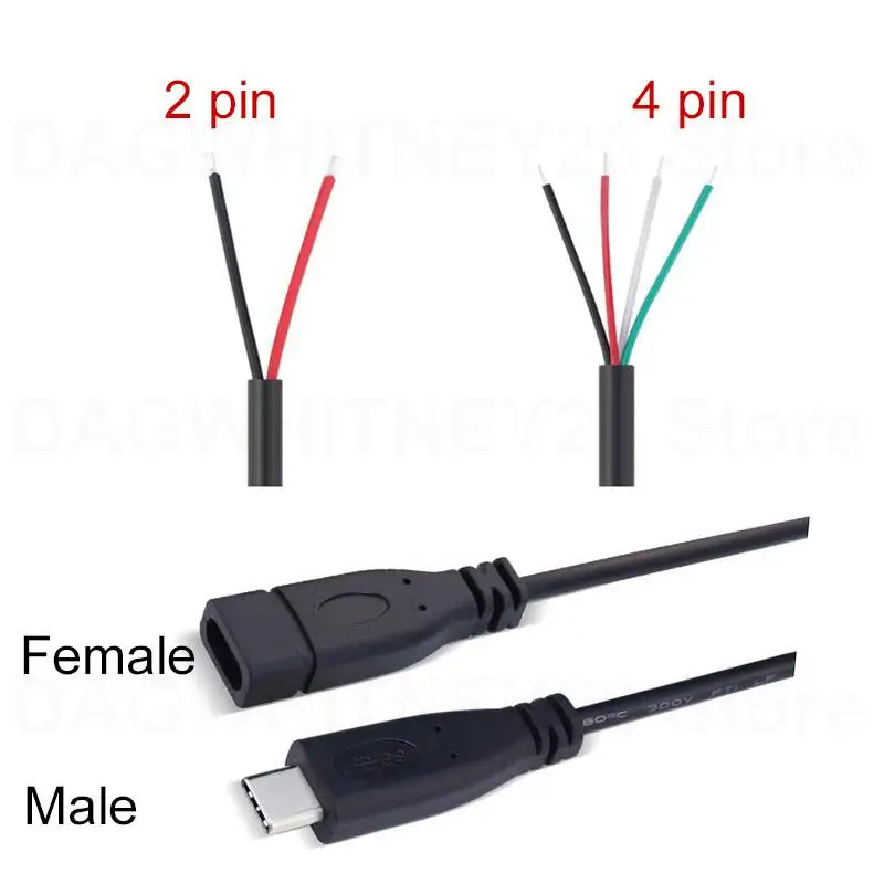 

5pcs 25cm USB 2.0 Type-C Power Supply Extension Wire Cable Charger Connector Male Female Plug 2-pin 4-pin Data Line U26