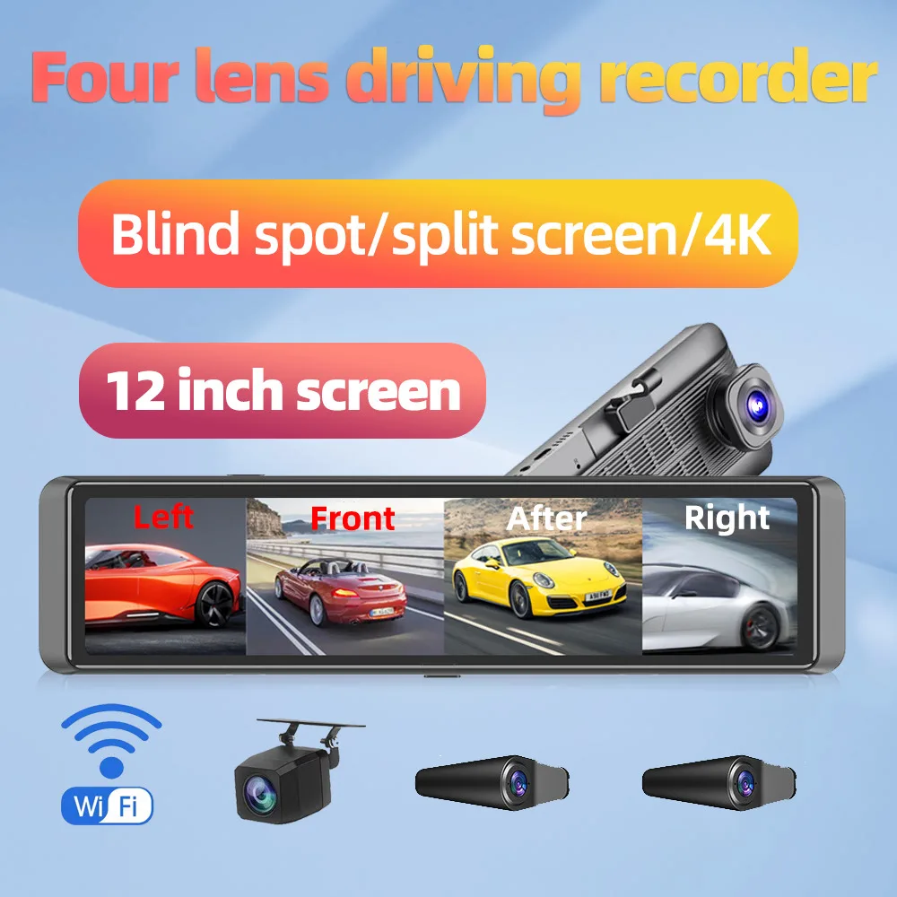 360 ° מצלמת רכב Dash Cam 4 Lens Full HD 4K עבור DVR BSD 12 אינץ 'מסך מגע מלא צפייה אחורית מראה ADAS מצלמת רכב Dash ראיית לילה BSD