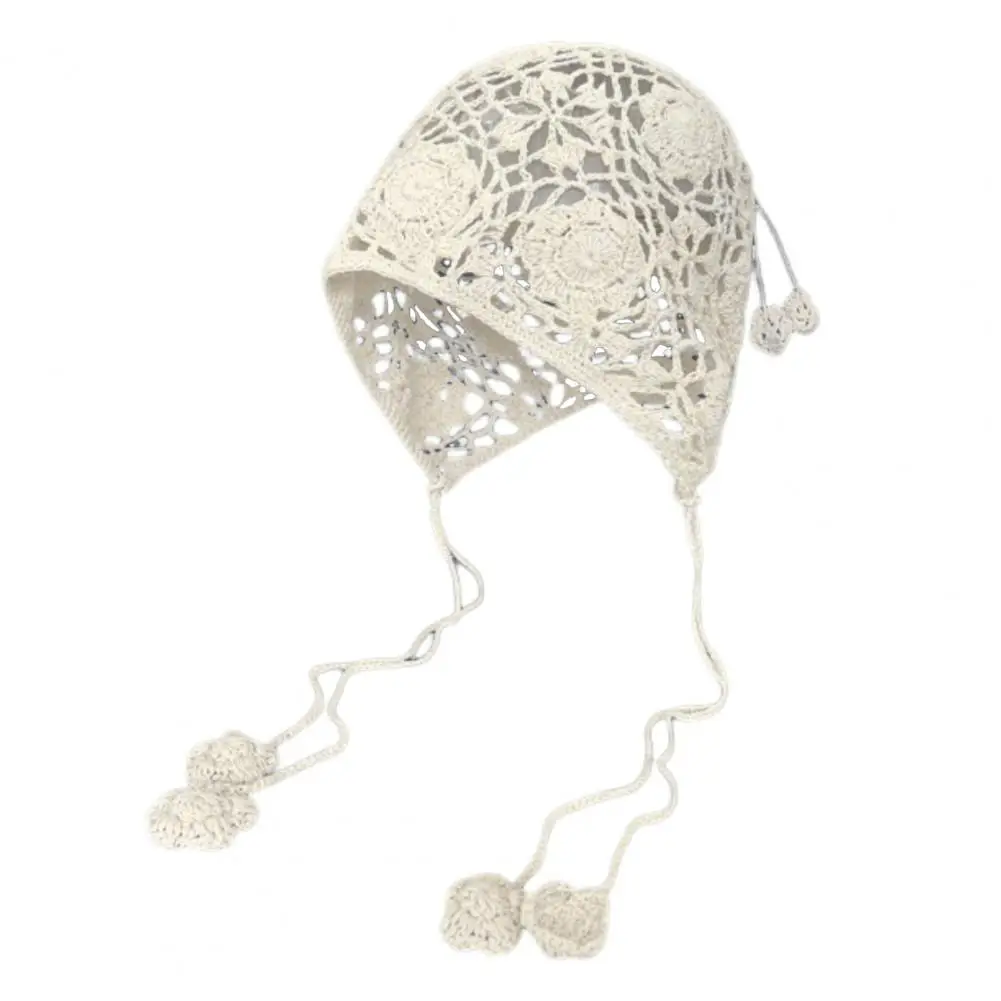 Women Crochet Hat Solid Color Ethnic Style Knitted Hat with Tassel Trim Lace-up Handmade Crochet Hat 4