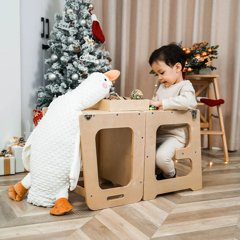 XIHATOY Montessori Foldable Wood Kitchen Tower Toddler Step Stool Desk Table And Baby High Feed Chair Kitchen Helper Stool