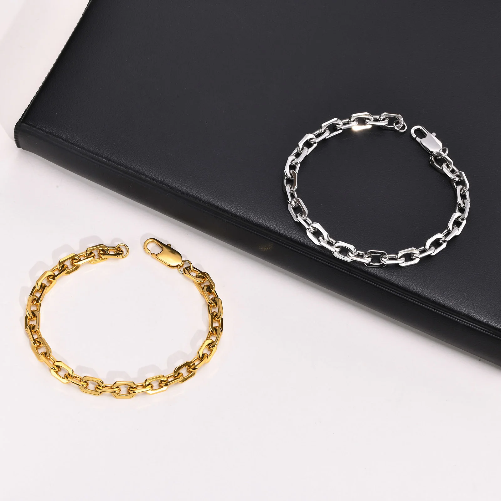 Grundlegende 6,5-mm-Belcher-Kettenarmbänder für Männer, wasserdichtes Edelstahl-Armband mit quadratischen geometrischen Gliedern, Geschenk, Pulseira – Detail 4