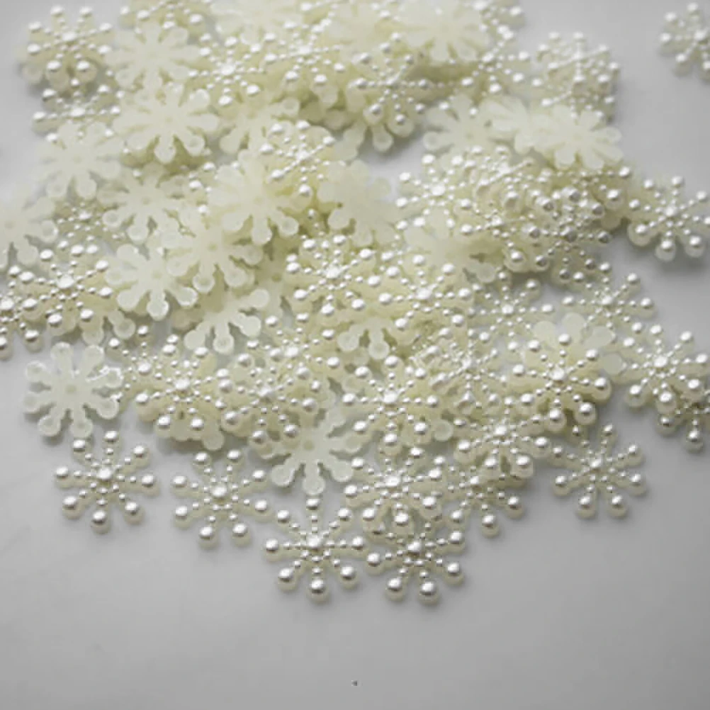 Christmas Ornaments,Winter Snow Decoration 100pcs White Pearl Resin Snowflake Flatbacks Embellishments DIY Phone Christmas Decorations Scrapbooking Crafts 12mm