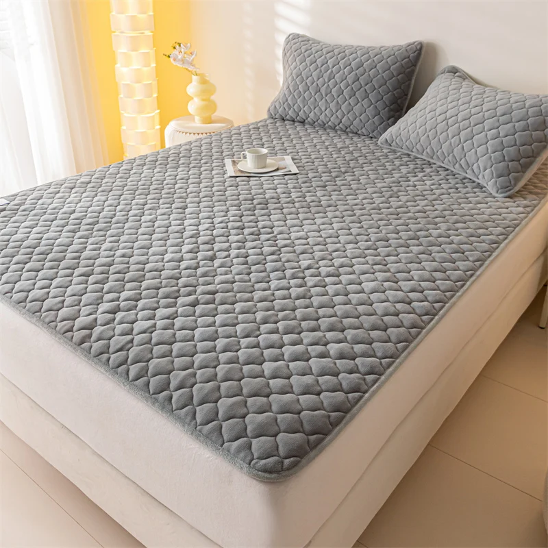 3 pieces milk fleece-padded mattress cover pillowcase soft comfortable warm bedding machine washable bedroom