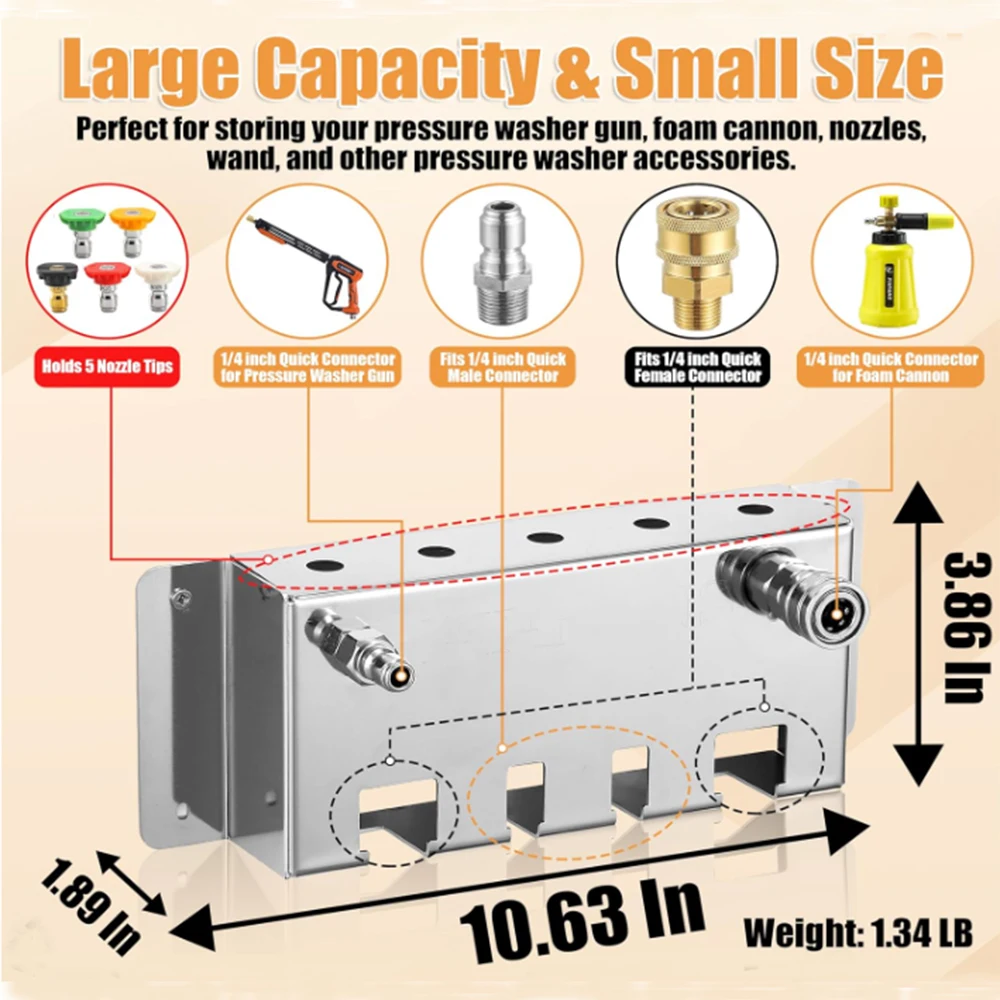 Pressure Washer Gun Holder, Power Washer Snow Foam Cannon Lance 1/4" Quick Connect Tool Organizer, Wall Mounted Nozzle Tips and 3