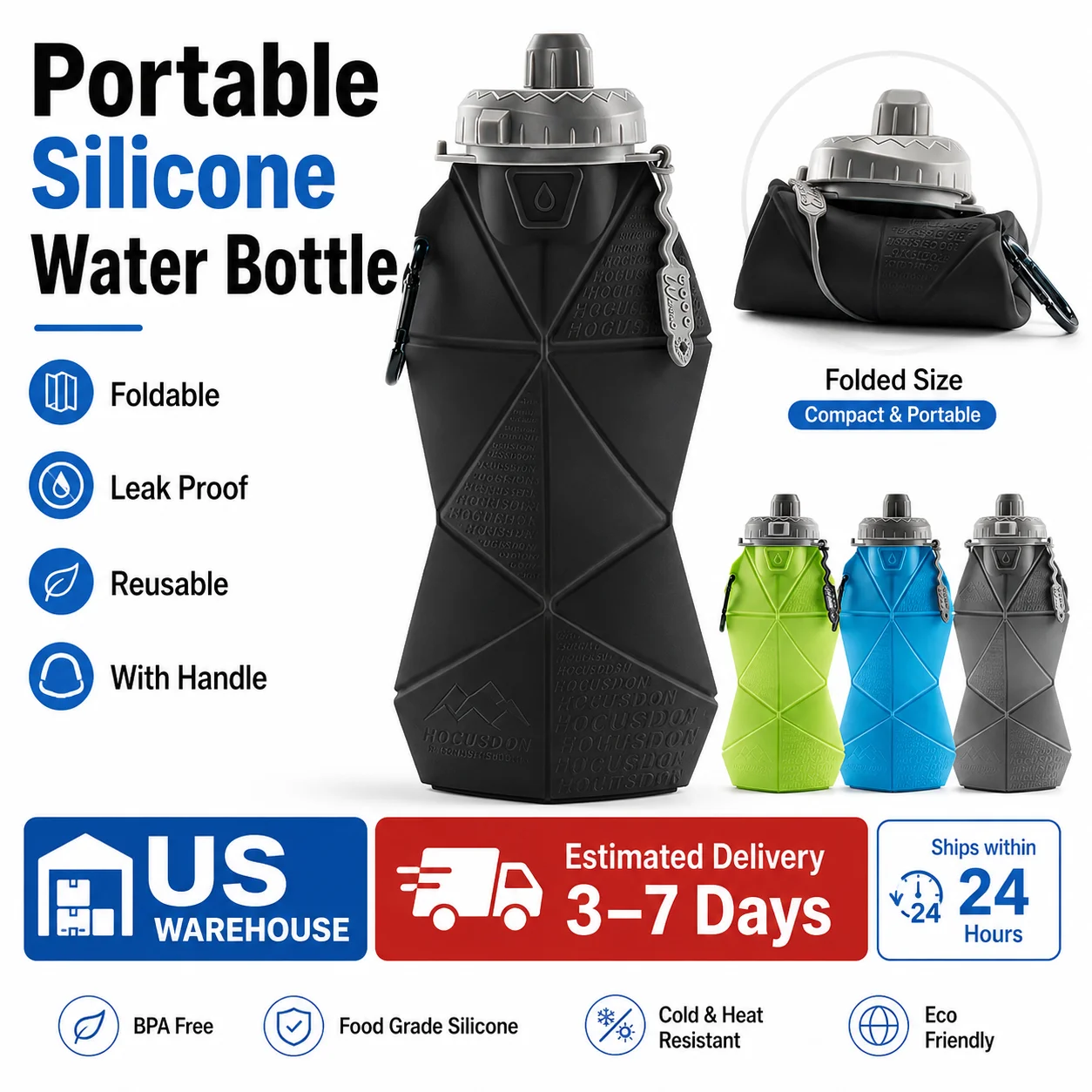 Botella de Agua Plegable de Silicona, a Prueba de Fugas, Portátil, para Deportes, Reutilizable, para Camping, Senderismo, Gimnasio, Viajes, con Asa