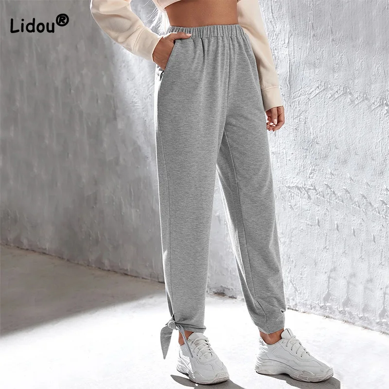 Fashion Gray Loose Straight Trousers 2023 New Spring Summer Elastic Waist Splicing Pockets Female Casual Sports Pants Trend