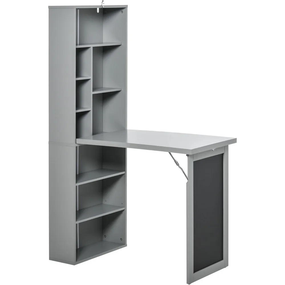 Fold-Out Convertible Writing Table Wall Mount Desk Cabinet with Blackboard and Side Shelf Multi-Function Home Office Work 3