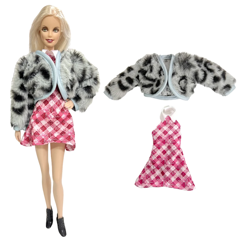 

NK Official 1 Set Noble plaid dress of doll lady+art imitation fur, doll model runway clothes For Barbie Doll Girl Accessories