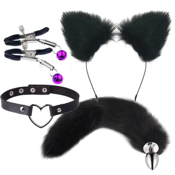 Cute Fox Tail Anal Plug Cat Ears Headbands Set Adult Games Nipple Clip Neck Collar Erotic Cosplay Sex Toys for Women Couple BDSM 4