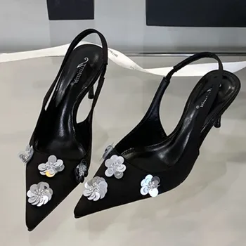Summer Bling Applique Design Thin High Heels Women Sexy Pointed Toe Satin Back Strap Heeled Sandals Elegant Banquet Dress Shoes