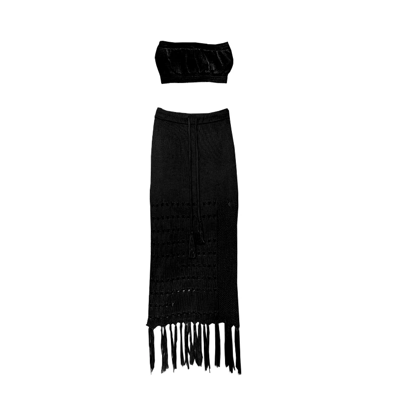 Retro Ethnic Wind Mesh Knitted Fringed Hem Tube Top Skirt Suit