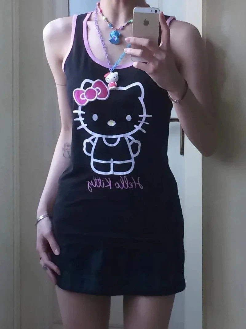 

Sanrio Hello Kitty Dress Girl Y2k Cute Print Color Matching Slim Suspender Skirt Wrap Hip Skirt Summer Women Clothing