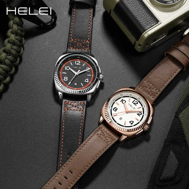 HELEI hot sale new leather men's watches men's luxury watches quartz watches waterproof men's watches gift for men