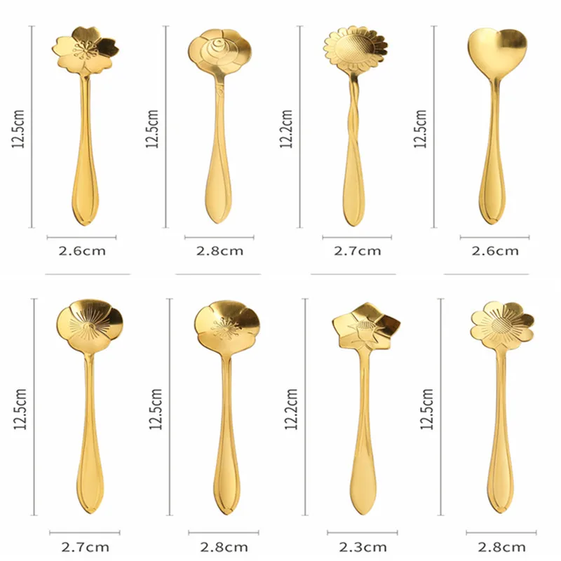 8Pcs Flower Spoon Set Small Teaspoon Coffee Spoon Cute Ice Cream Dessert Silver Gold Stainless Steel For Coffee Tea stainless steel spoon tea spoon