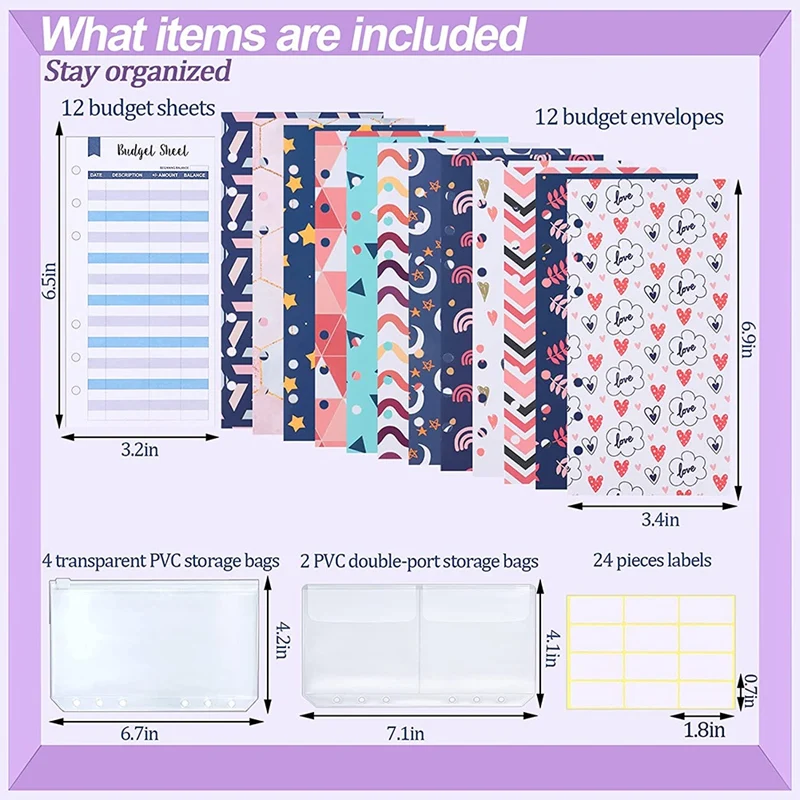 

Система наличных бюджетных конвертов, 56 шт., включает в себя папку из ПВХ формата A6, 12 бюджетных листов, наклейки на ярлыки, сумки для хранения