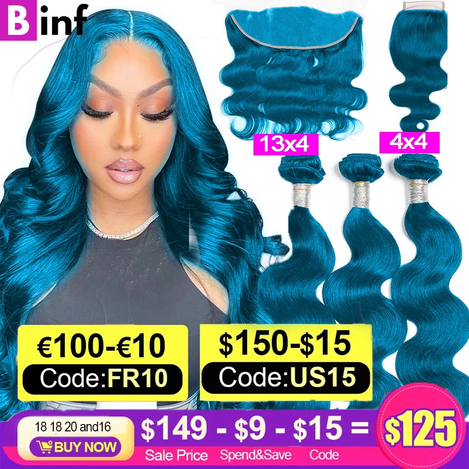 

Colored Human Hair Bundles with Closure Peruvian Remy Hair Blue Body Wave Bundles with 13x4 Frontal Preplucked Hairline