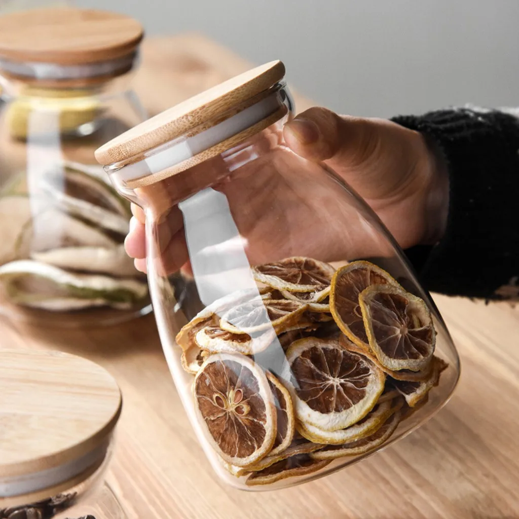 KEMORELA 1PCS Wood Lid Glass Airtight Canister Food Container Tea  Kitchen Storage Bottles Jar Sealed Grounds Jars Organizer 3