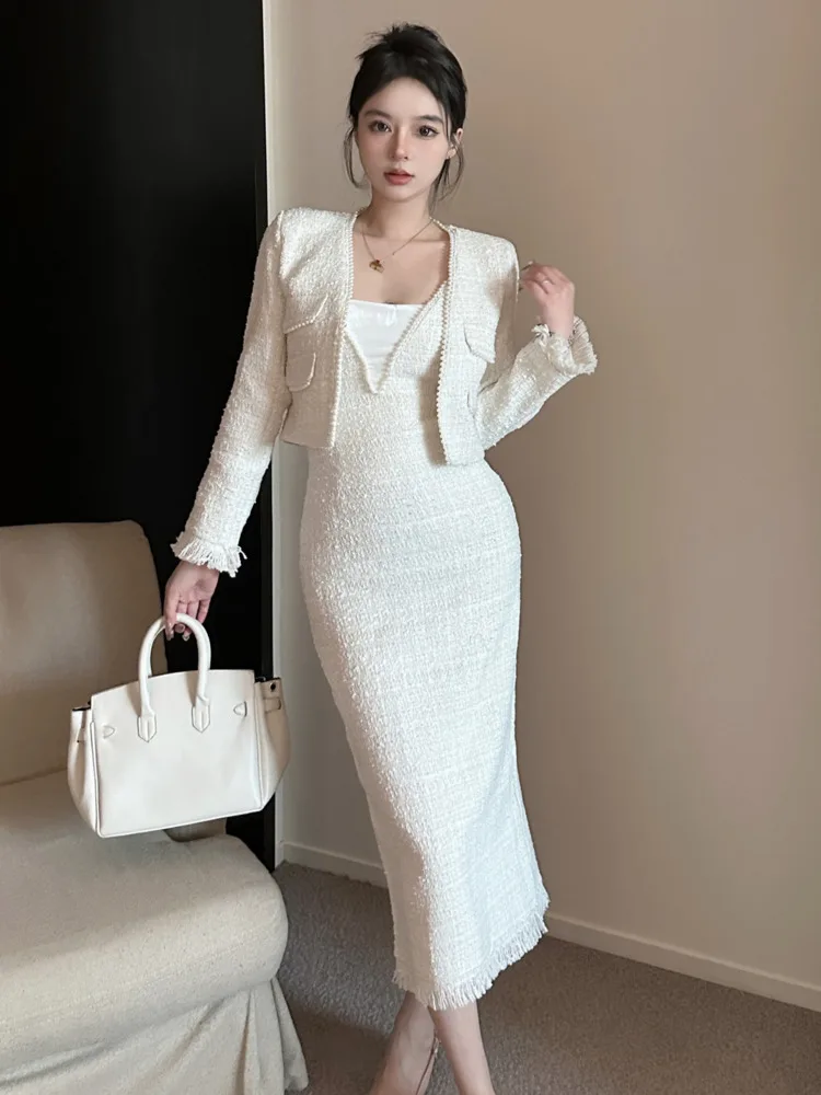 

High Street Elegant Fashion Tweed Two Piece Set Women Short Jacket Coat + Sling Sexy Long Dress Suits Luxury Beaded 2 Piece Sets