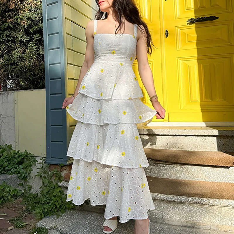 

Женское жаккардовое платье без бретелек, длинное летнее ажурное платье с оборками, открытой спиной и принтом звезд в стиле бохо, весна-лето
