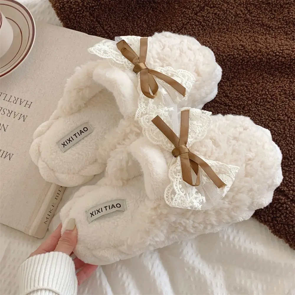 Winter Warm Fur Slippers for Women Cute Bow House Non Slip Soft Shoes Comfort Flat Heel Home Indoor Bedroom Plush Cotton Slides 2
