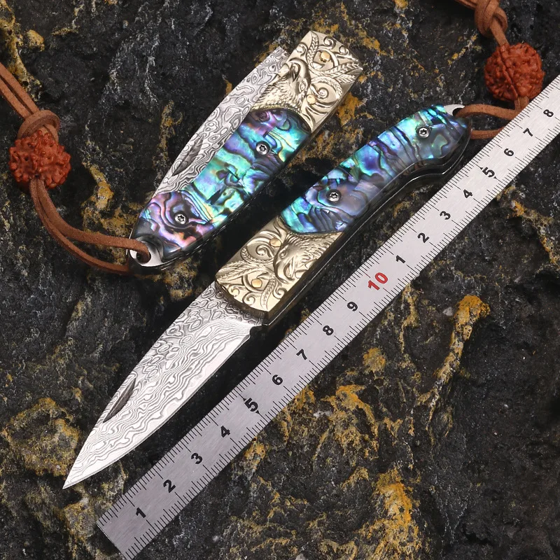 

Складной нож из дамасской стали, уличный портативный нож, мини нож для кемпинга, ручка с цветной оболочкой