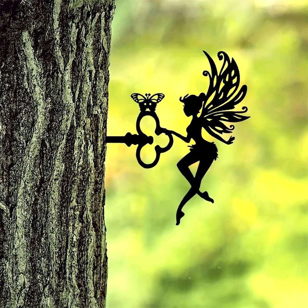 Fairy Silhouette Statue Metal Branch Decoration Angle Metal Stake Outdoor Garden Butterfly Flower Decor Branch Tree Art