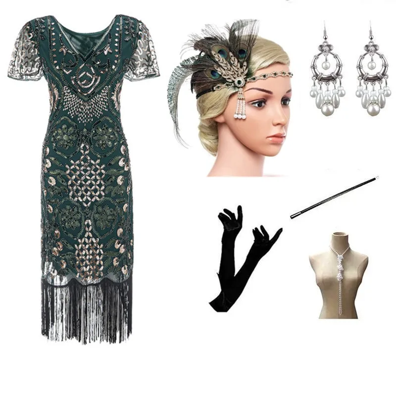 Cocktail Party Dress And Accessories Set 1920s Flapper Vintage