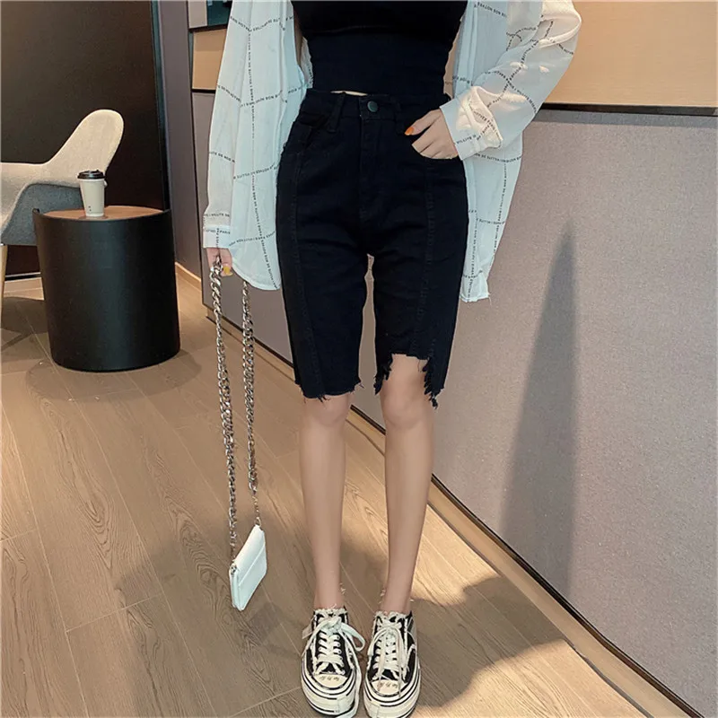 Women Summer Solid Skinny Jeans Shorts Y2K Korean High Waist Blue Hole Denim Shorts Black Washed Short Pants Female Ropa Mujer lululemon shorts