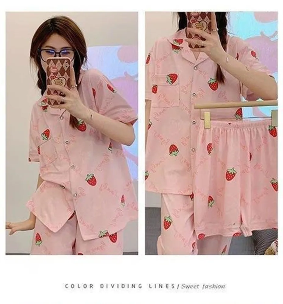 3pcs Pajamas Women's Summer 2024 New Short-Sleeved Lapel Trousers Top Loose Kawaii Clothes Homewear Sense of Luxury BirthdayGift 6