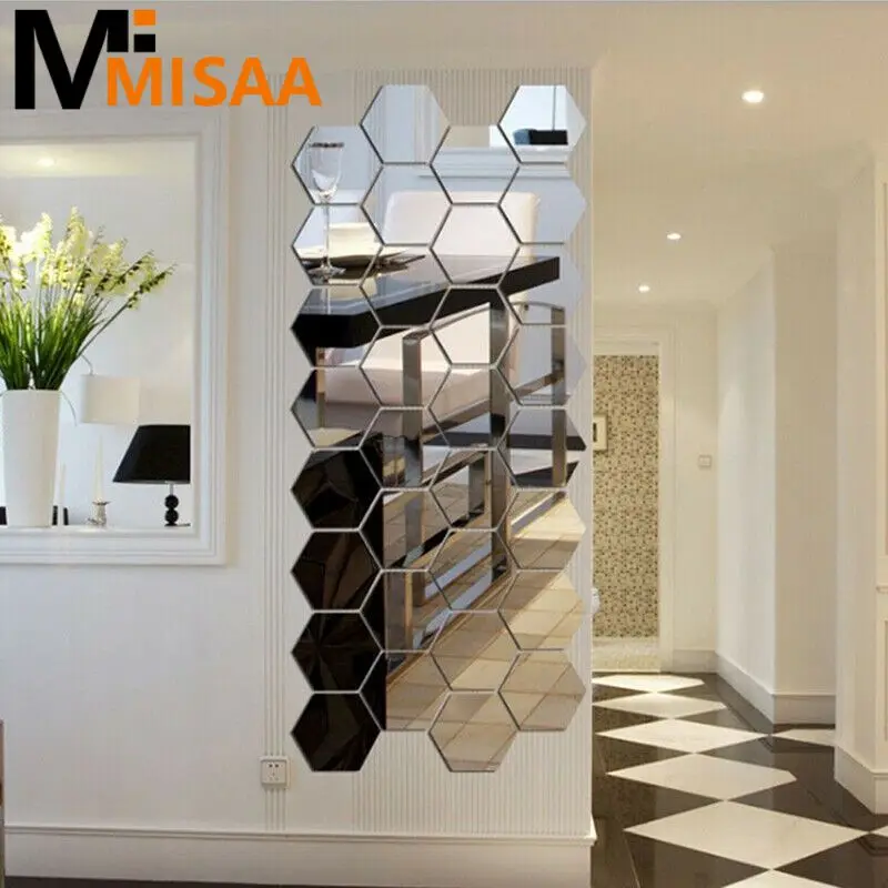 12PCs/Set DIY 3D Mirror Wall Stickers Self-adhesive Hexagon Mirror Sticker Hexagon Home Decor DIY Removable Living-Room