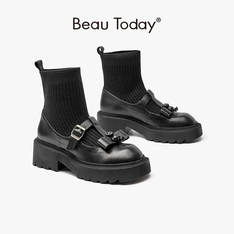 BeauToday-양말 부츠, 여성 송아지 가죽, 리틀 베어 장식 벨트 버클 스트랩, 숙녀 발목 길이 신발, 수제 03572