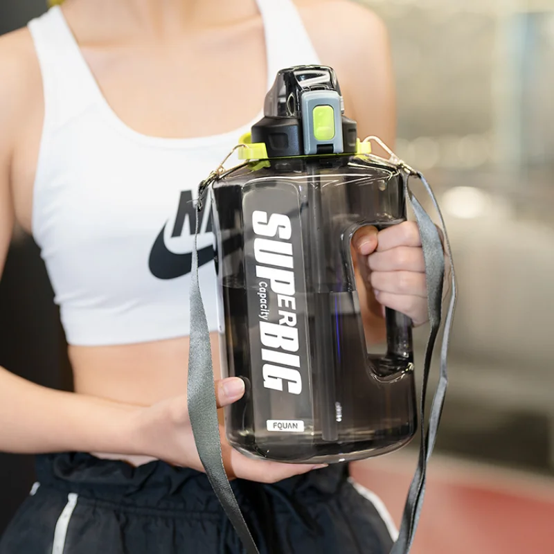 

1.5L Big Water Bottle 2 Liters With Straw Strap Time Marker Leakproof Half Gallon For Fitness Gym Outdoor Sports Portable