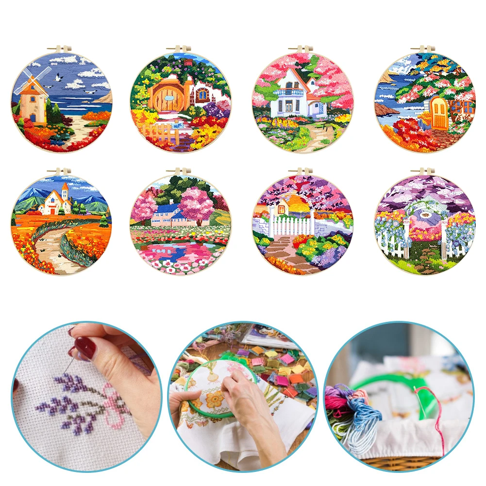 Landscape Stamped Cross Stitch Embroidery Kits Hoop Cloth Color Thread
