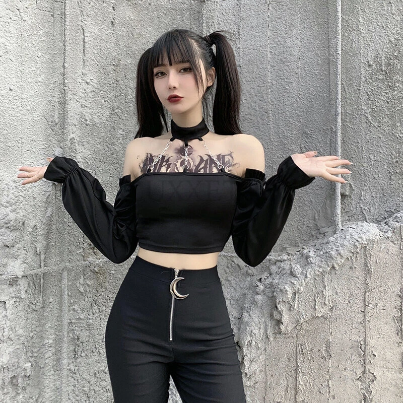 Y2K Mall Goth Crop Black Trim Emo Alternative Aesthetic Crop Tops Women Backless Sexy Strap Tanks gothic tops| | - AliExpress