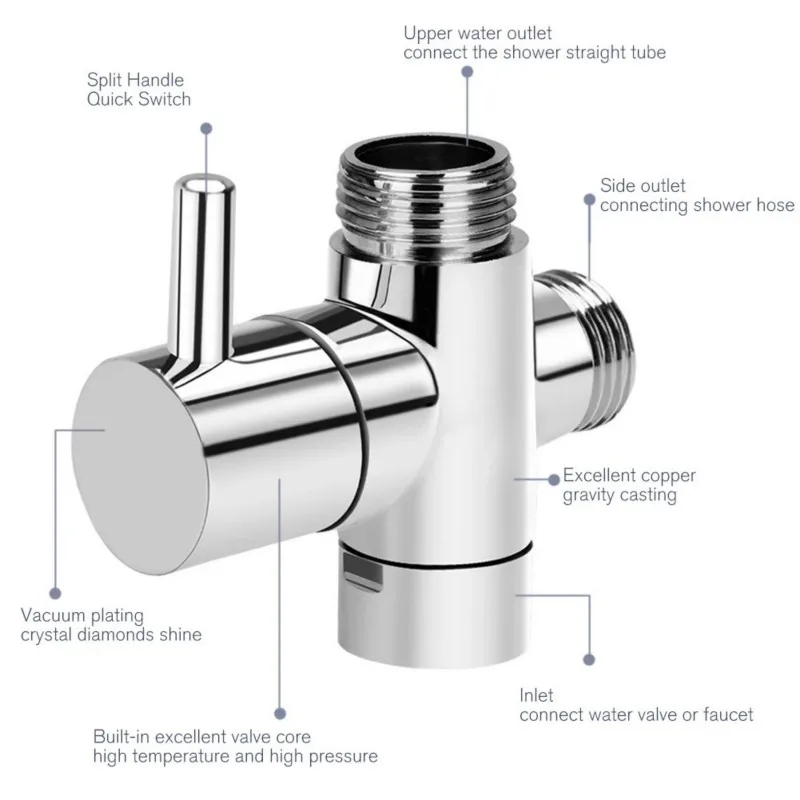 3 Way Diverter Valve T-Adapter Converter For Shower Brass Faucet