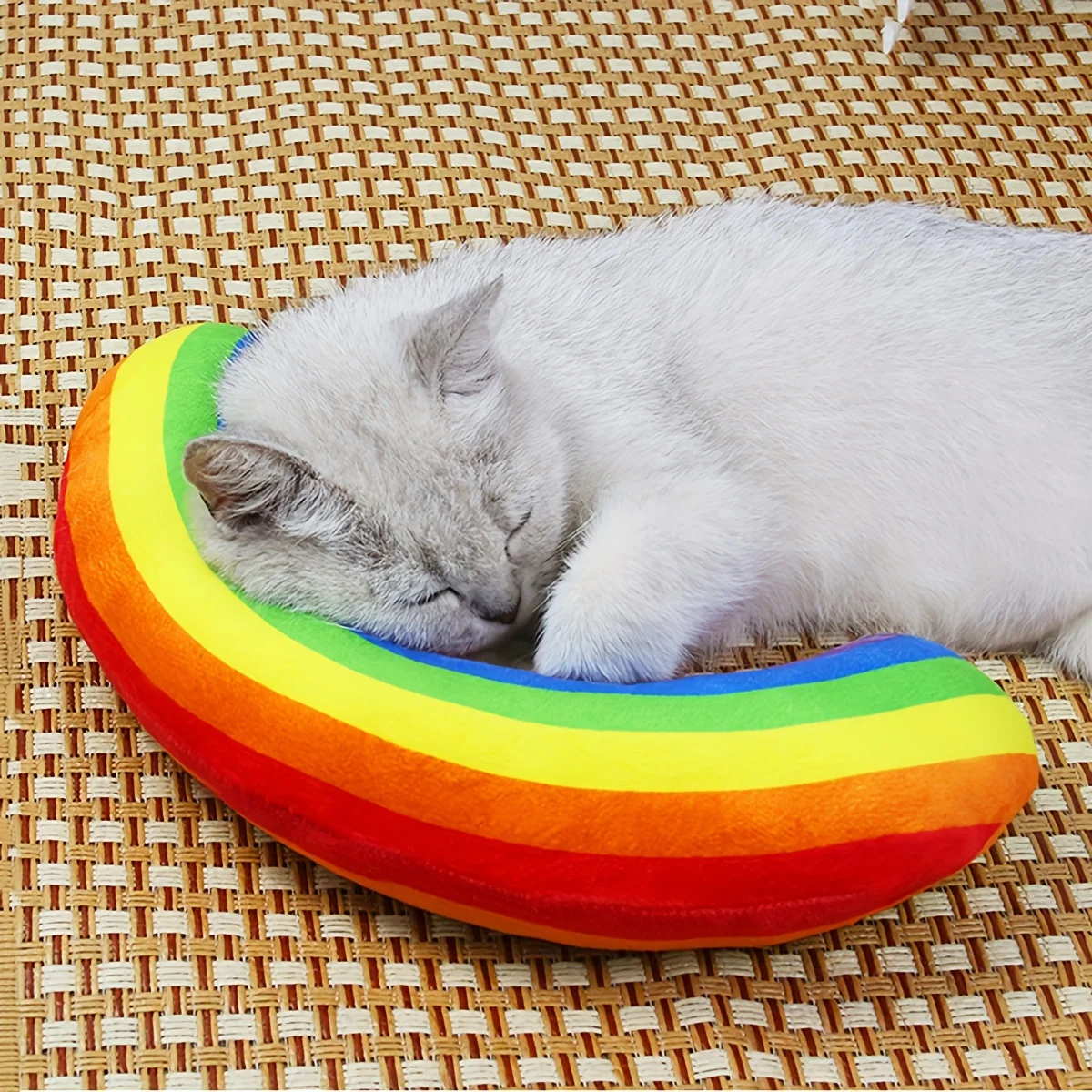 1pc Rainbow-Shaped Cat Hug Pillow, Colorful Fabric Pet Toy, Cat Cushion, Soft Plush Kitten Play Accessory