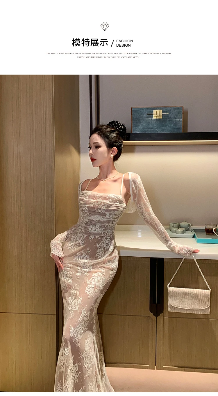 Sexy Bodycon Lace Long Dresses for Women Wedding Party Dress Spaghetti Strap with Smock French Vintage Evening Maxi Vestidos New