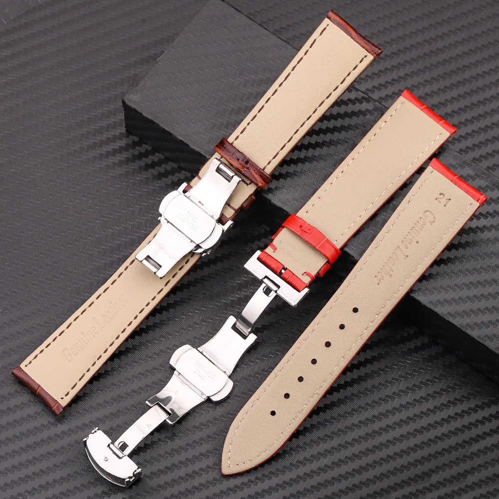 Luxury Calfskin Leather Watchband with Butterfly Clasp - Elegant Business-Class Strap in Multiple Colors