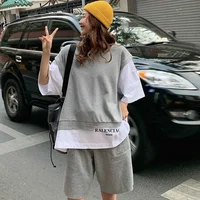 DAYIFUN Fake Two Pieces Tracksuits Women Oversize T Shirt Sporting Short Pants Monochromatic Streetwear Sweat Sets Summer Outfit 1