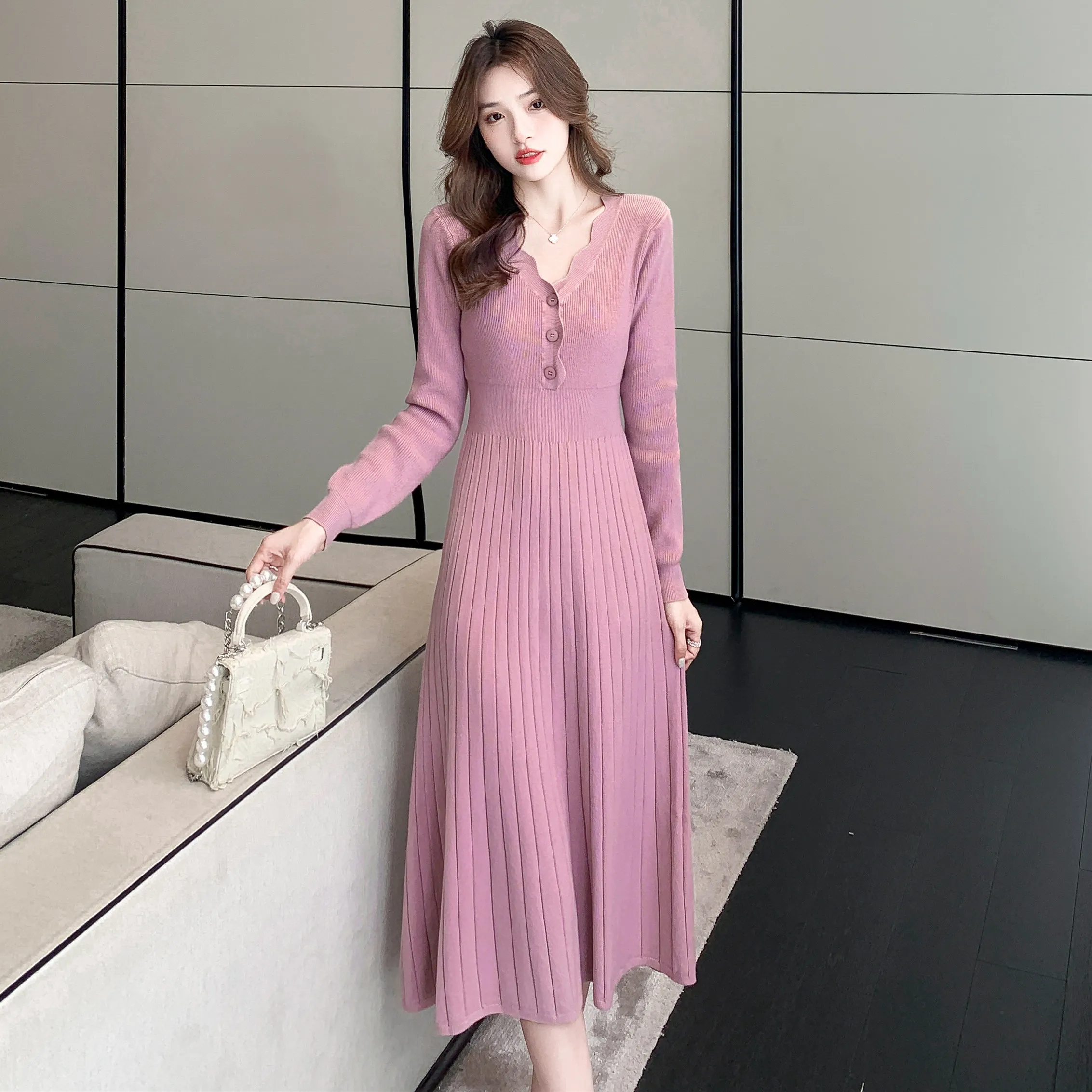 

2023 New Autumn And Winter Knitted Dress For Women Mid Length Sweater With Waist Down And Bottoming Free Shipping