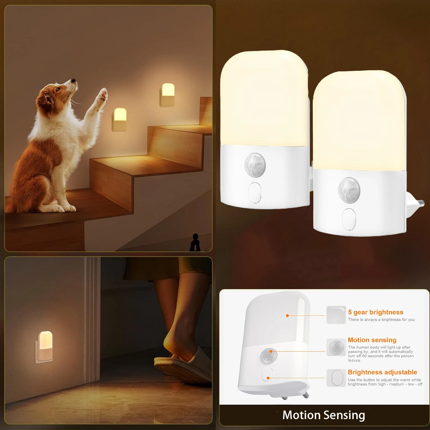 1/2pcs night light socket with motion detector,5 Adjustable brightness levels night light, ON/OFF/AUTO modes,2700K warm white