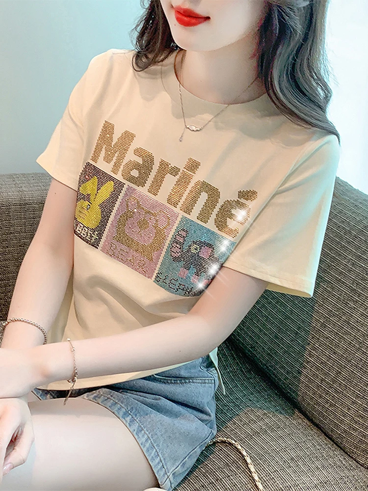 

BOBOKATEER Summer Top Women Clothing 2023 Fashion Cartoon Print Cotton Tee Shirt Femme Asymmetric Hem T Shirt Camisetas De Mujer