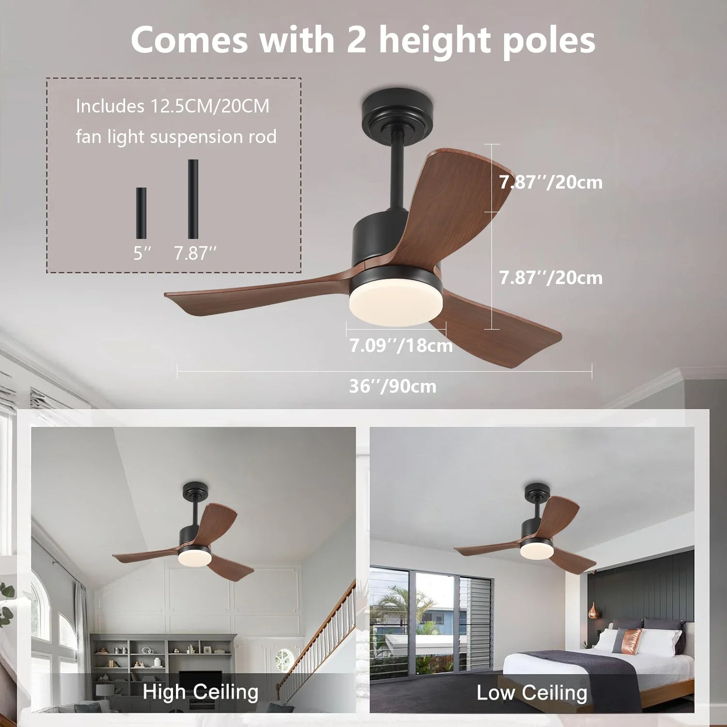 36 Inch Ceiling Small Ceiling Fan, Three Blades, with Remote Control Bottom Noise Fan Light, Terrace Bedroom and Living Room
