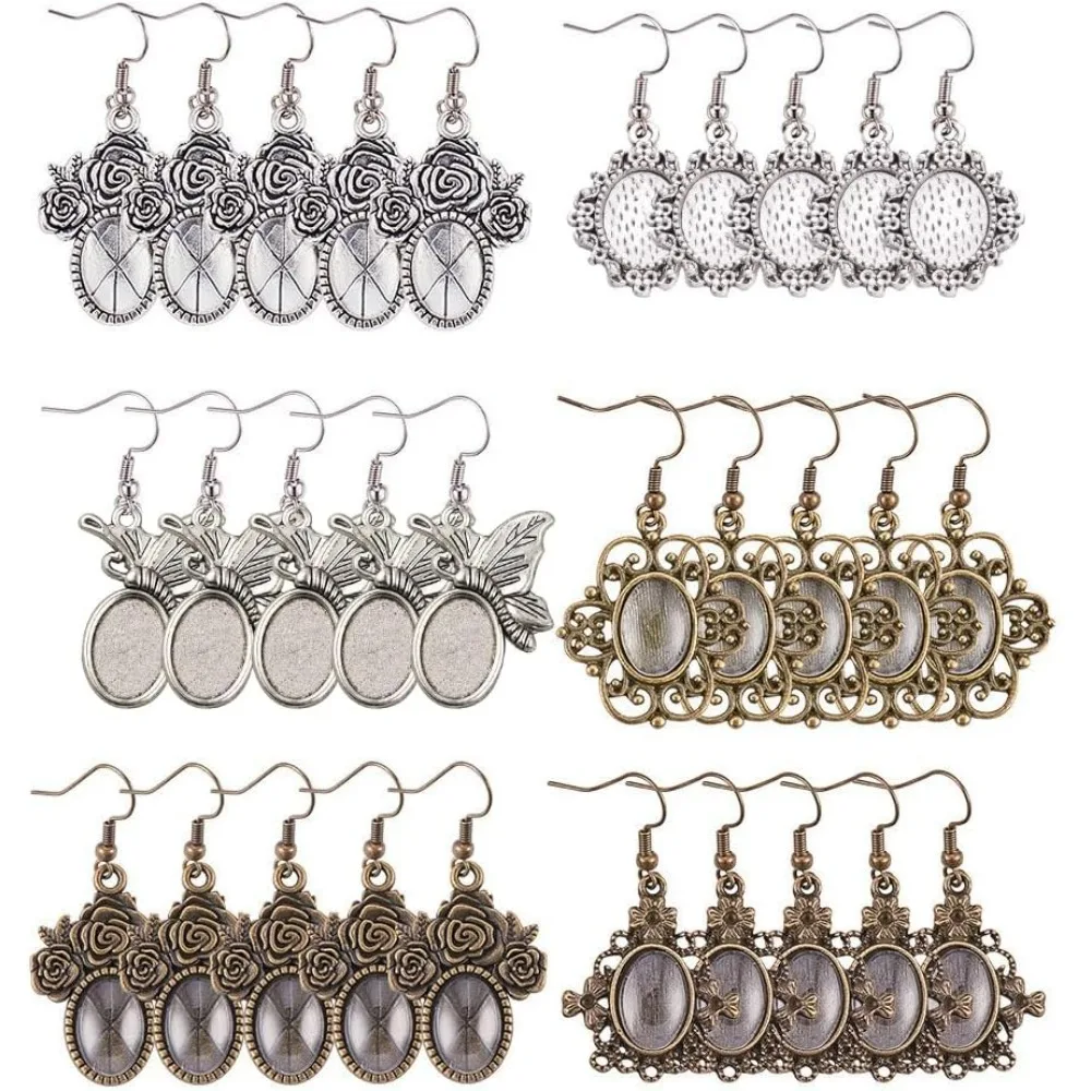 Tray Bezel Cabochon Settings 40pcs Oval Transparent Glass Cabochons 40pcs Brass Earring Hooks Antique Silver Bronze