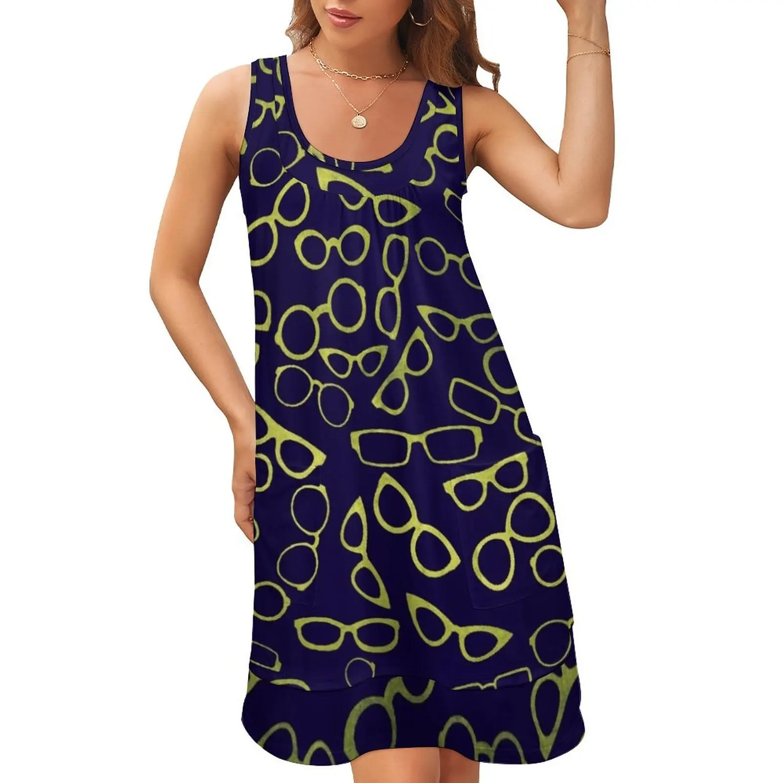 

Various Shaped Eyeglasses Pattern Sleeveless U-Neck Fake Two Piece Dress women's luxury party dress Evening dresses